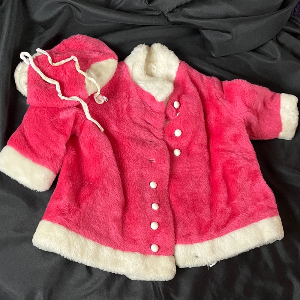 Vtg 70s Little Girls Winter Coat Hat Union Made Pink White MCM See Measurements